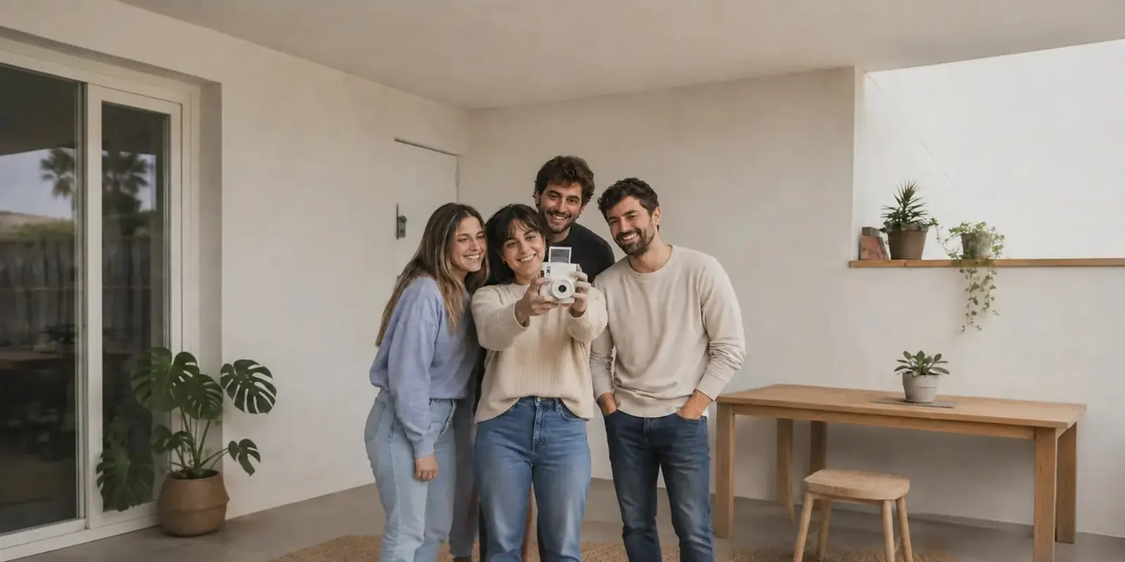 Ryhmä ihmisiä ottaa yhteiskuvan Polaroid-kameralla